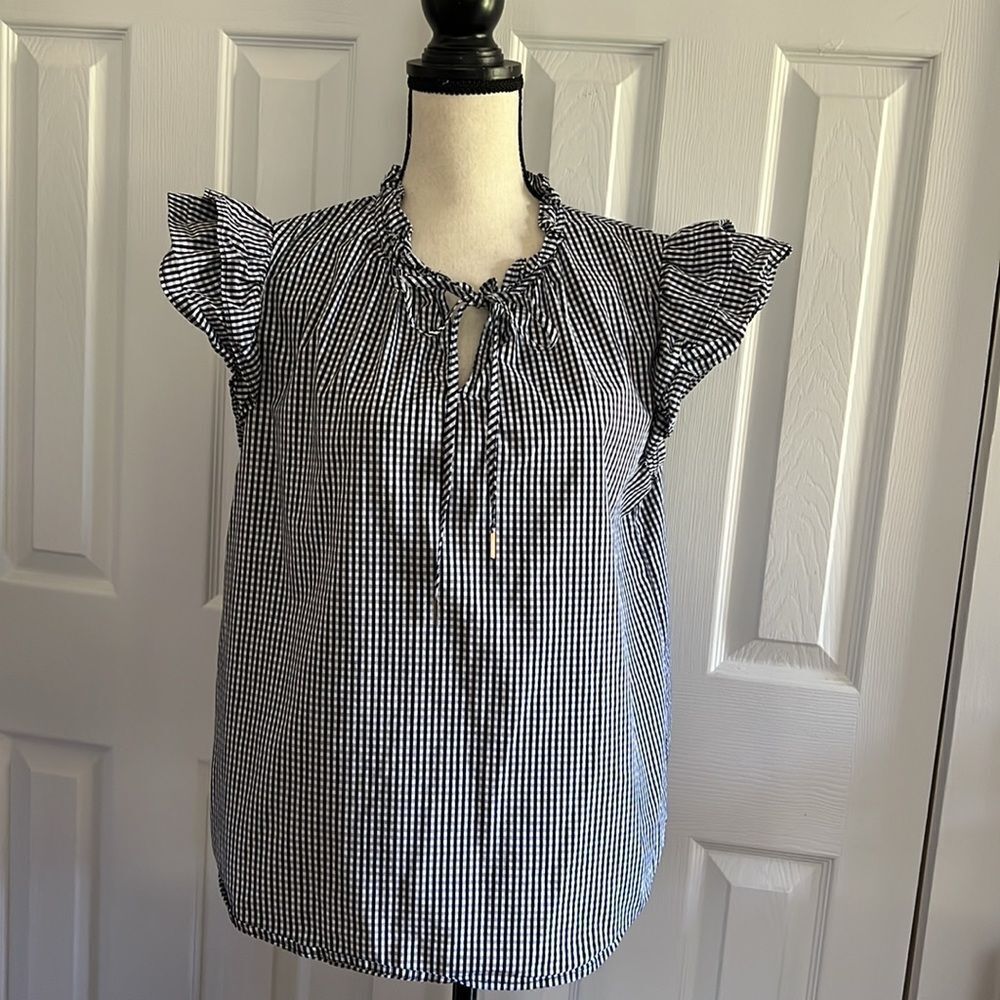 Ann Klein Black and White Gingham Ruffle Top size L